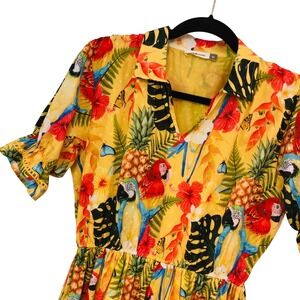 Maude Vivante Yellow Macaw Parrot Swiss Dot Dress Womens M Tropical Puff Sleeves